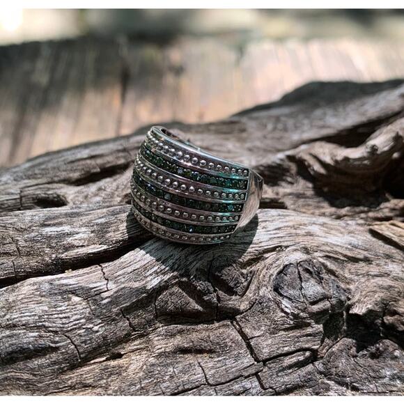 Sterling Silver and Green Diamond Ring by SJ - Picture 2 of 5